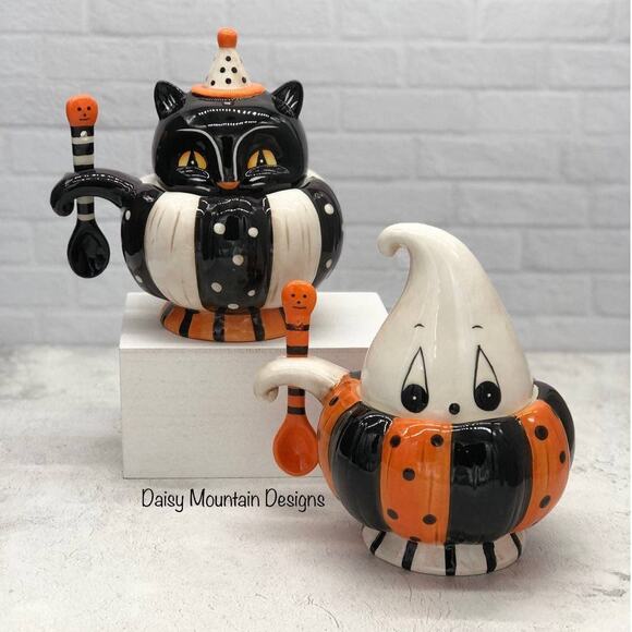 Johanna Parker Peek A Boo Bowl Spoon Lid Set 2 Bowls Halloween Cat Ghost Jar New